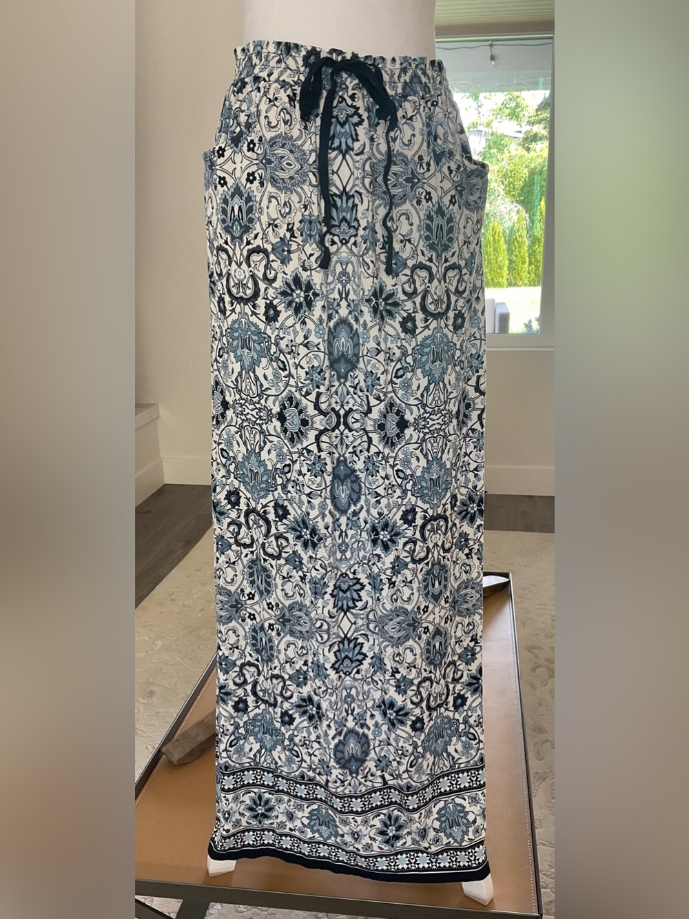 **Max Studio’* Blue & White Printed Maxi Skirt with Border Detail